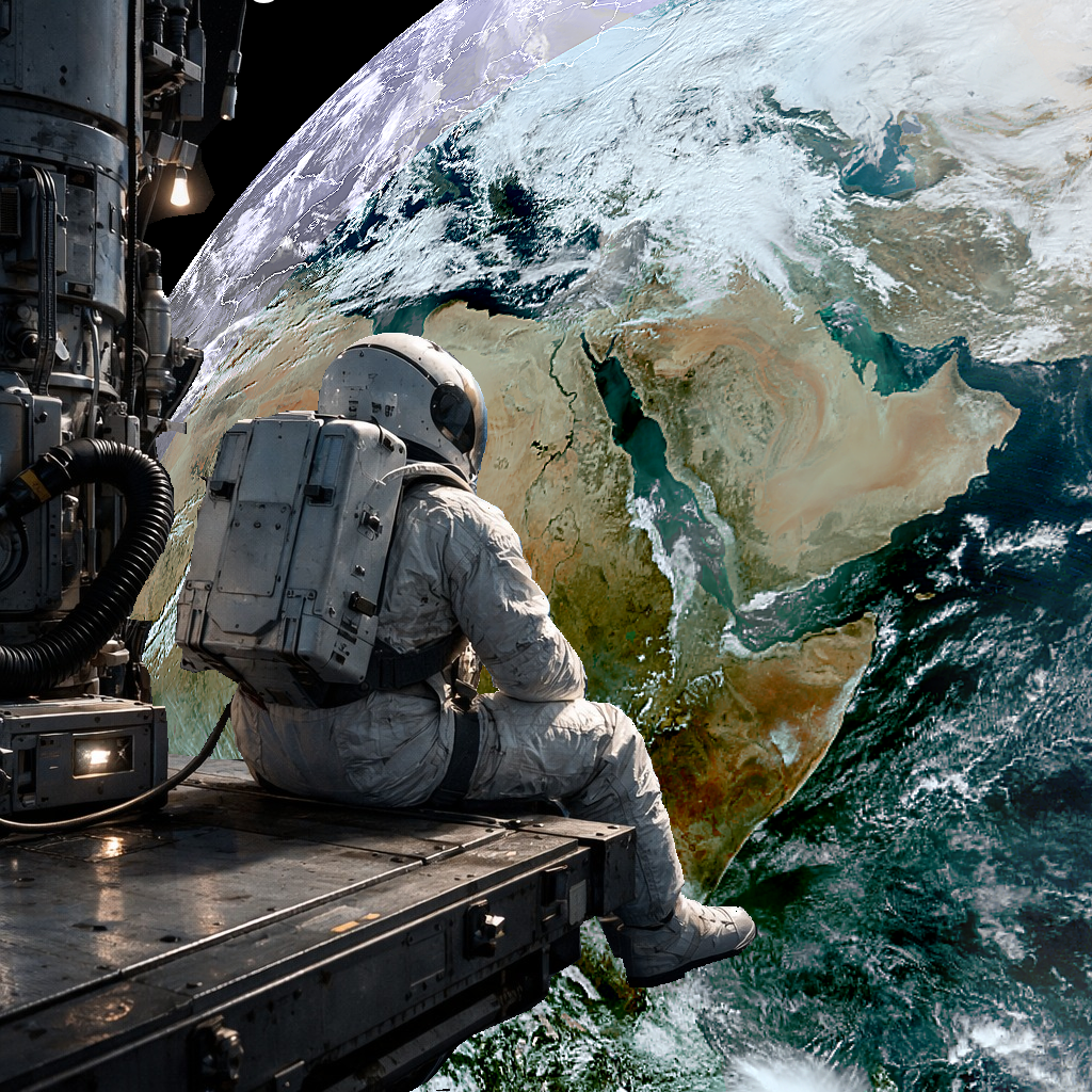 An astronaut looking at Earth from a space station